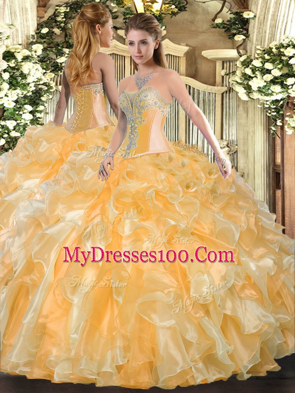 Captivating Gold Sweetheart Lace Up Beading and Ruffles Quinceanera Dresses Sleeveless