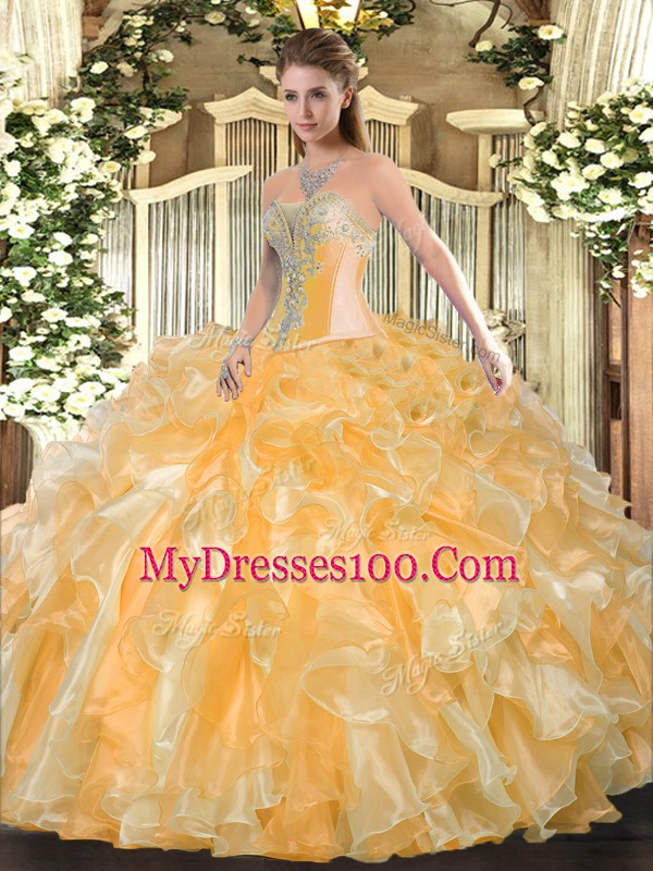 Captivating Gold Sweetheart Lace Up Beading and Ruffles Quinceanera Dresses Sleeveless