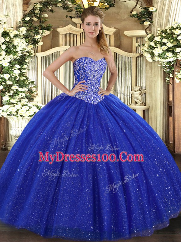 Dazzling Royal Blue Tulle Lace Up Sweetheart Sleeveless Floor Length Quinceanera Dress Beading