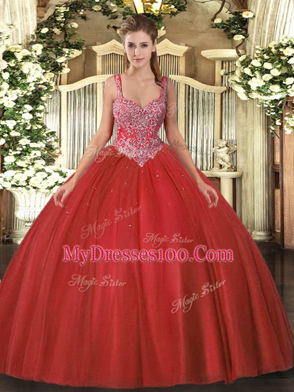Vintage Coral Red Sleeveless Beading Floor Length Quince Ball Gowns