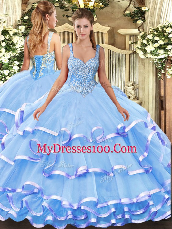 Glorious Straps Sleeveless Lace Up Quinceanera Dress Blue Organza