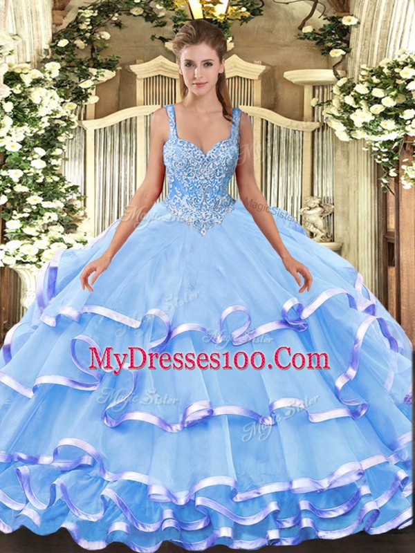 Glorious Straps Sleeveless Lace Up Quinceanera Dress Blue Organza