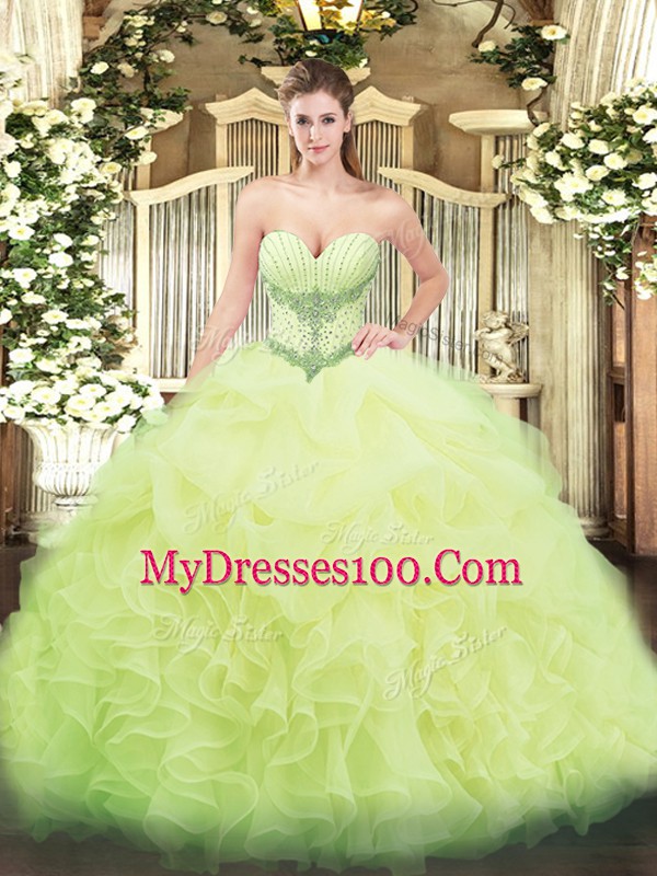 Yellow Green Organza Lace Up Sweetheart Sleeveless Floor Length Quinceanera Gown Beading and Ruffles and Pick Ups