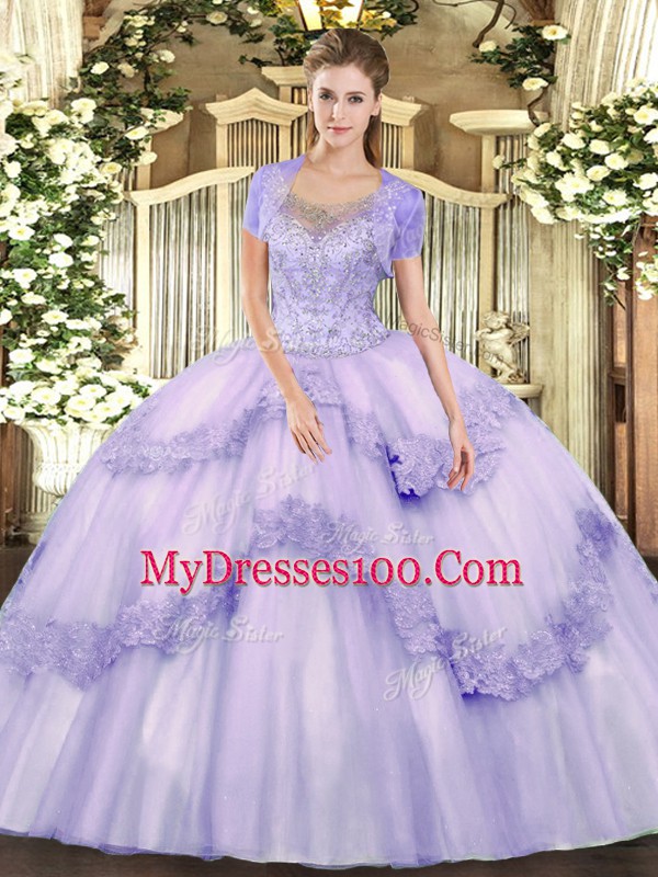 Hot Sale Lavender Tulle Clasp Handle Scoop Sleeveless Floor Length Quinceanera Gown Beading and Appliques