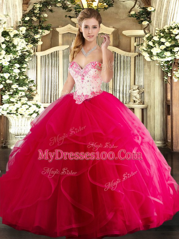 Sweet Hot Pink Lace Up Quinceanera Dress Beading and Ruffles Sleeveless Floor Length