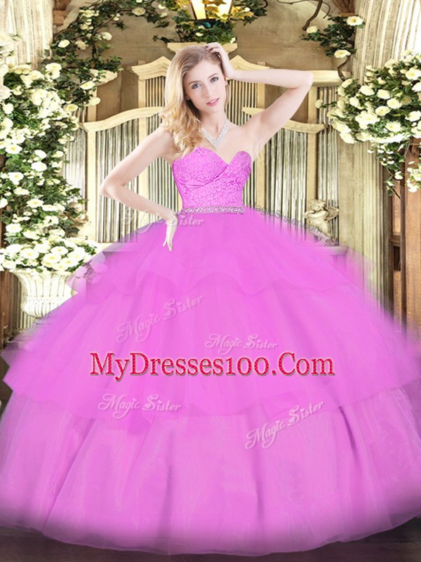 Luxury Sleeveless Beading and Lace and Ruffled Layers Zipper Ball Gown Prom Dress