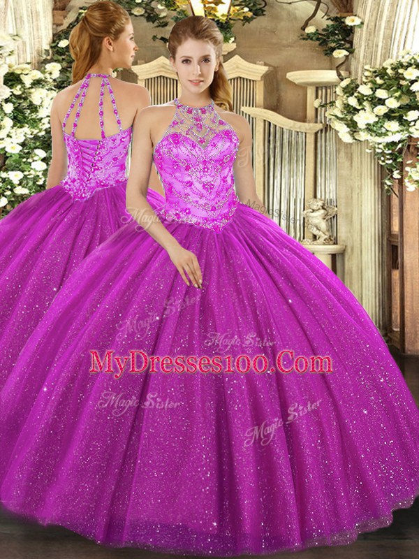 Smart Fuchsia Lace Up Halter Top Beading and Embroidery and Sequins Quinceanera Gown Tulle Sleeveless