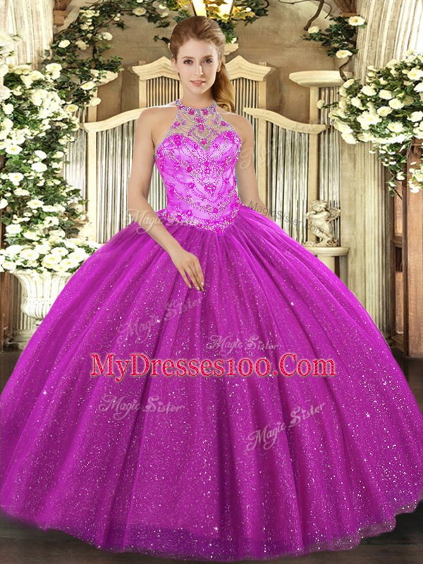 Smart Fuchsia Lace Up Halter Top Beading and Embroidery and Sequins Quinceanera Gown Tulle Sleeveless