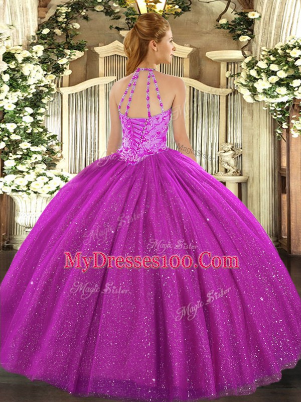 Smart Fuchsia Lace Up Halter Top Beading and Embroidery and Sequins Quinceanera Gown Tulle Sleeveless