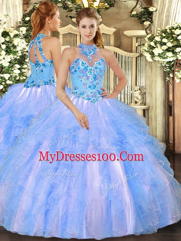 Halter Top Sleeveless Organza Quinceanera Gown Embroidery and Ruffles Lace Up