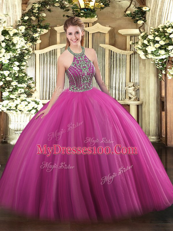 Hot Pink Lace Up Vestidos de Quinceanera Beading Sleeveless Floor Length