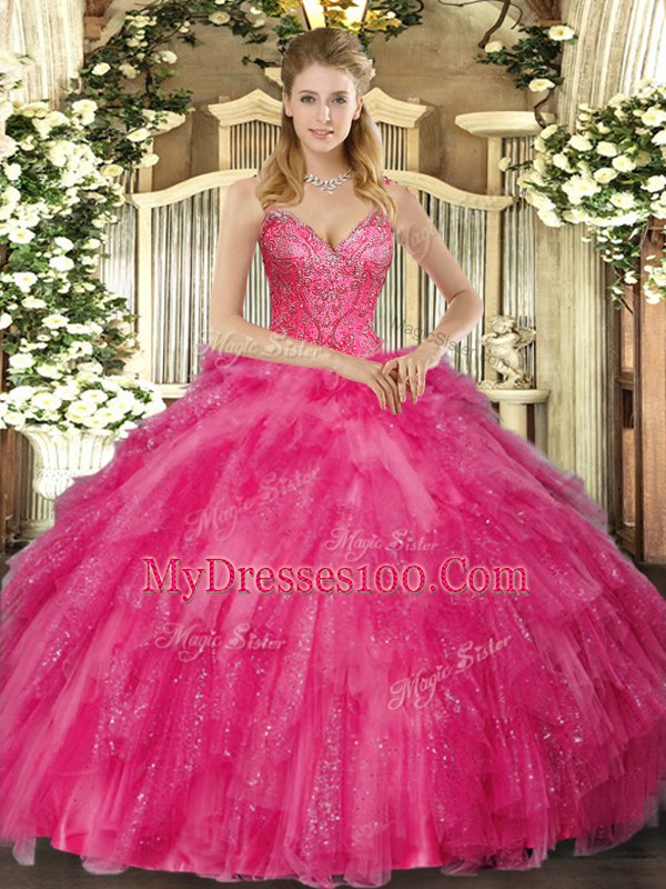 Hot Pink Ball Gowns V-neck Sleeveless Tulle Floor Length Lace Up Beading and Ruffles Quinceanera Gown