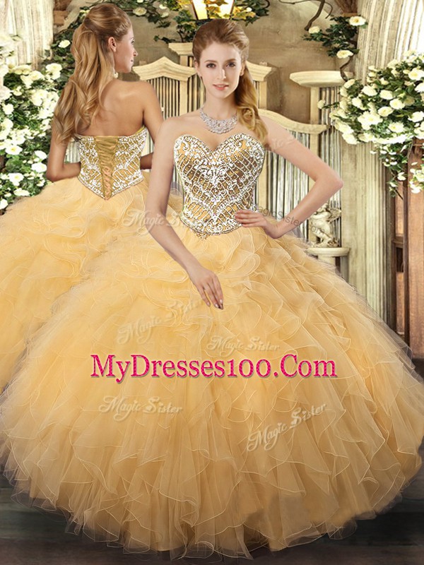 Sweetheart Sleeveless Tulle Quinceanera Gown Beading and Ruffles Lace Up