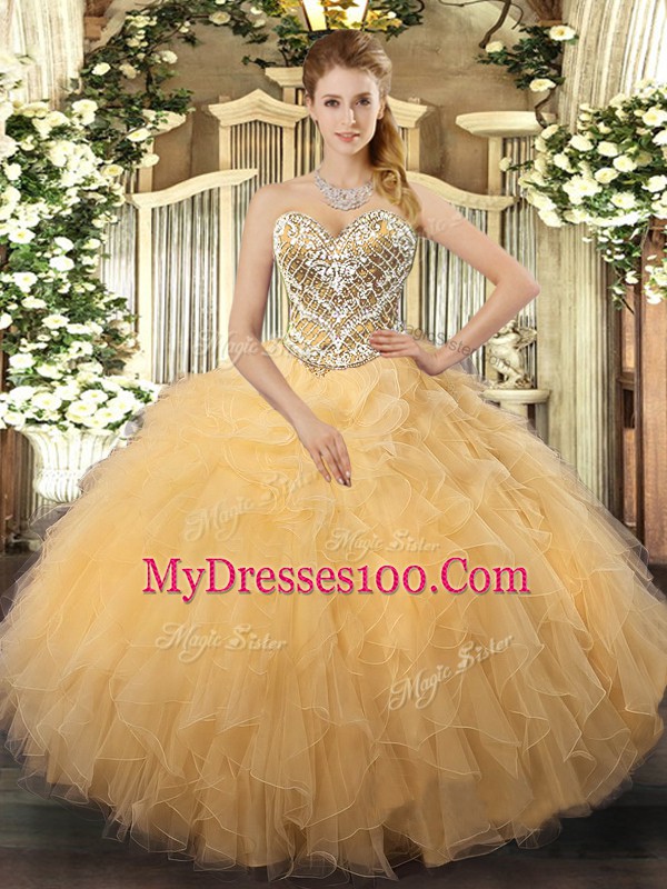 Sweetheart Sleeveless Tulle Quinceanera Gown Beading and Ruffles Lace Up