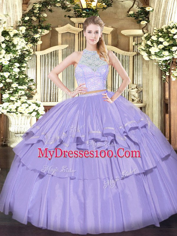 Modest Lavender Sleeveless Organza Zipper Quinceanera Gown for Military Ball and Sweet 16 and Quinceanera