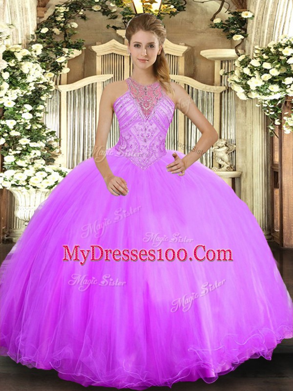 Chic Floor Length Lilac Sweet 16 Quinceanera Dress Halter Top Sleeveless Lace Up