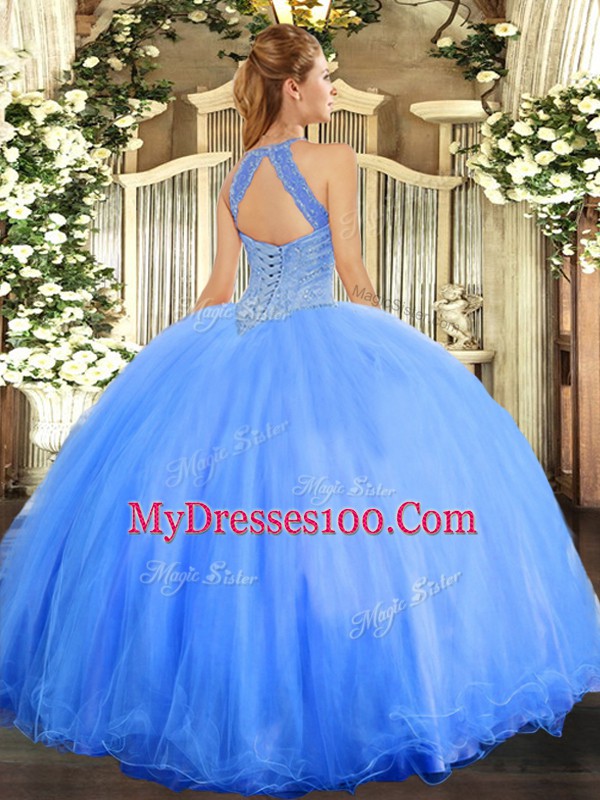 Chic Floor Length Lilac Sweet 16 Quinceanera Dress Halter Top Sleeveless Lace Up