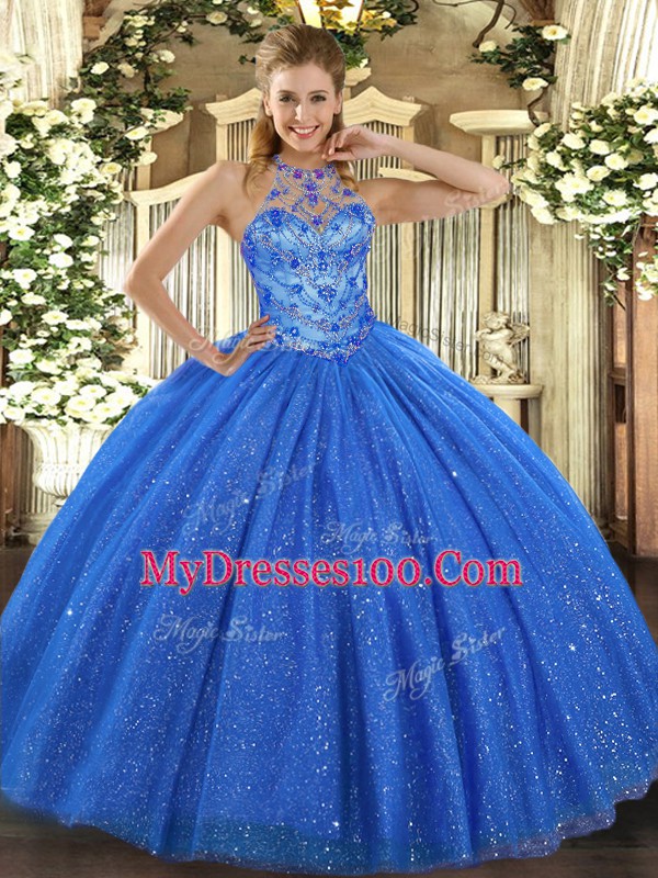 Beauteous Blue Ball Gowns Beading and Embroidery Quinceanera Dress Lace Up Tulle Sleeveless Floor Length