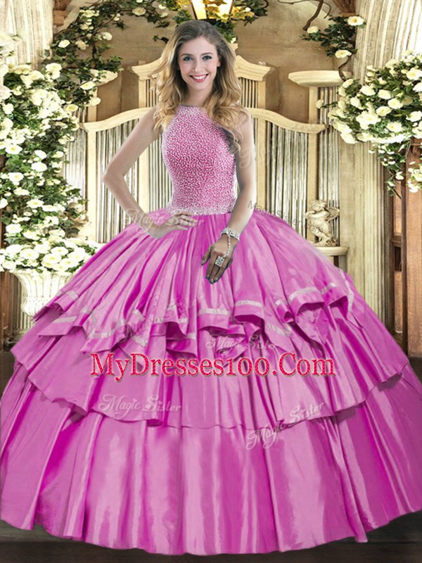 Best Floor Length Lilac Sweet 16 Quinceanera Dress High-neck Sleeveless Lace Up