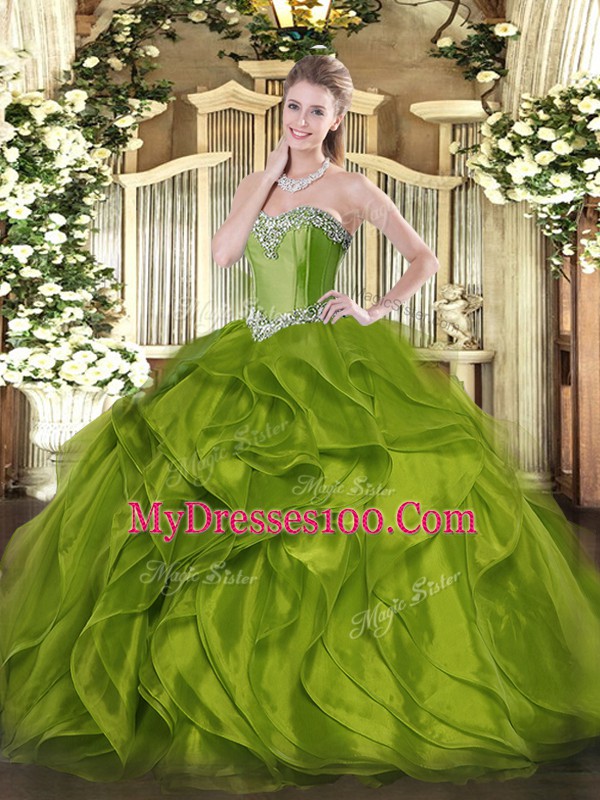 Olive Green Sweetheart Neckline Beading and Ruffles Quinceanera Dress Sleeveless Lace Up