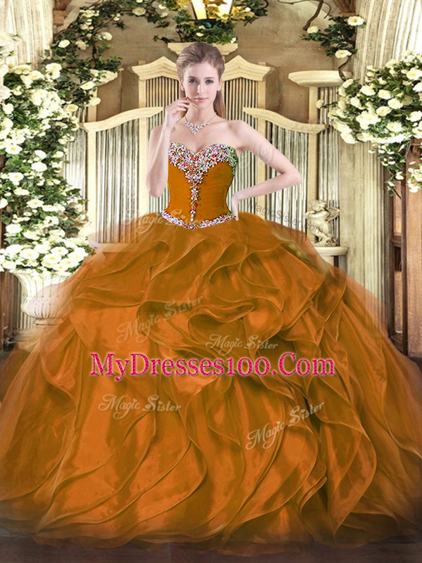 Floor Length Lace Up Sweet 16 Quinceanera Dress Brown for Military Ball and Sweet 16 and Quinceanera with Beading and Ruffles