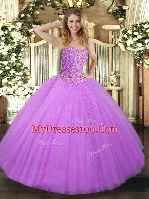 Tulle Sweetheart Sleeveless Lace Up Beading Quinceanera Dresses in Lilac