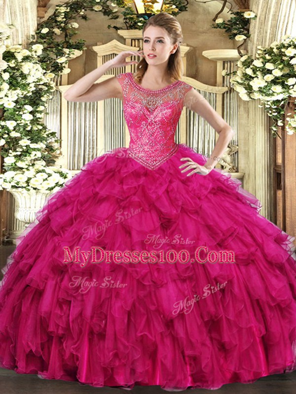 Fuchsia Ball Gowns Beading and Ruffles Quinceanera Gowns Lace Up Organza Sleeveless Floor Length