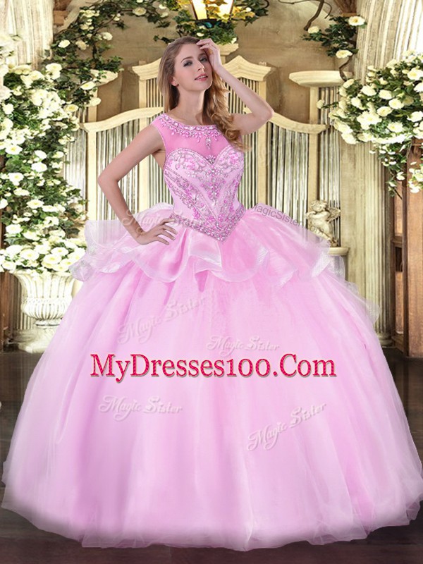 Pink Zipper Scoop Beading Quince Ball Gowns Organza Sleeveless