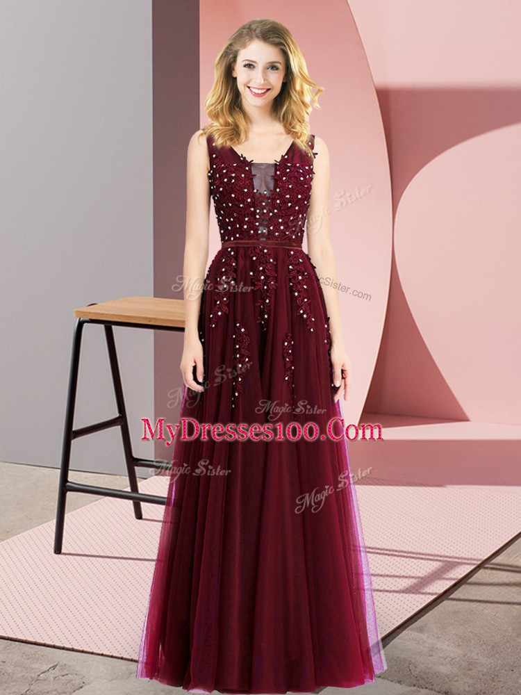 Top Selling Floor Length Empire Sleeveless Burgundy Prom Party Dress Backless