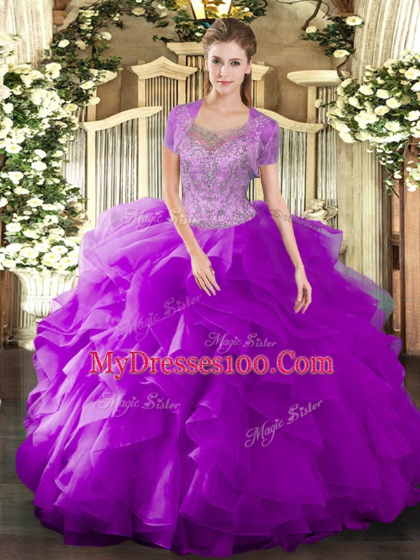Floor Length Fuchsia Vestidos de Quinceanera Scoop Sleeveless Clasp Handle