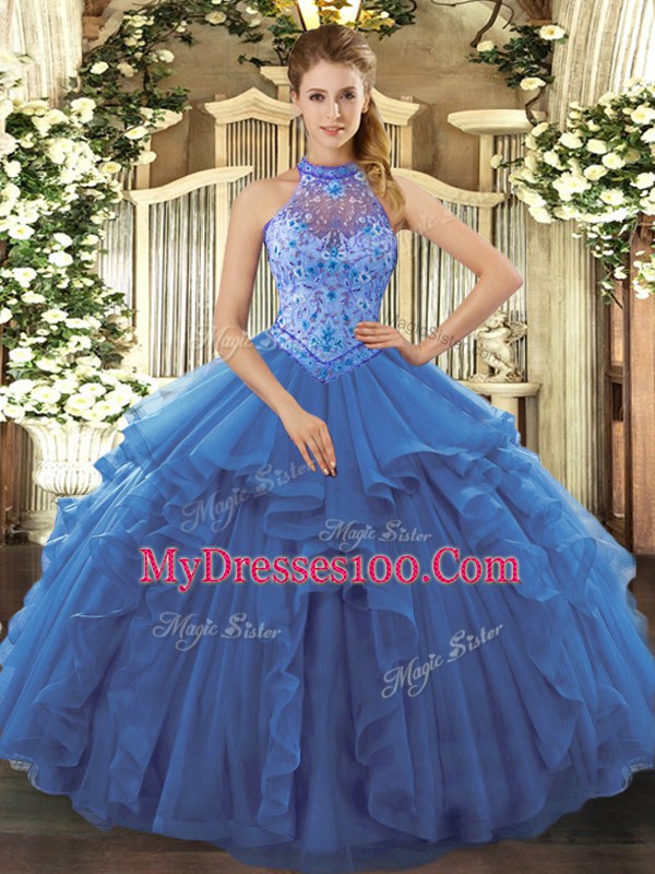 On Sale Blue Lace Up 15 Quinceanera Dress Beading and Embroidery and Ruffles Sleeveless Floor Length
