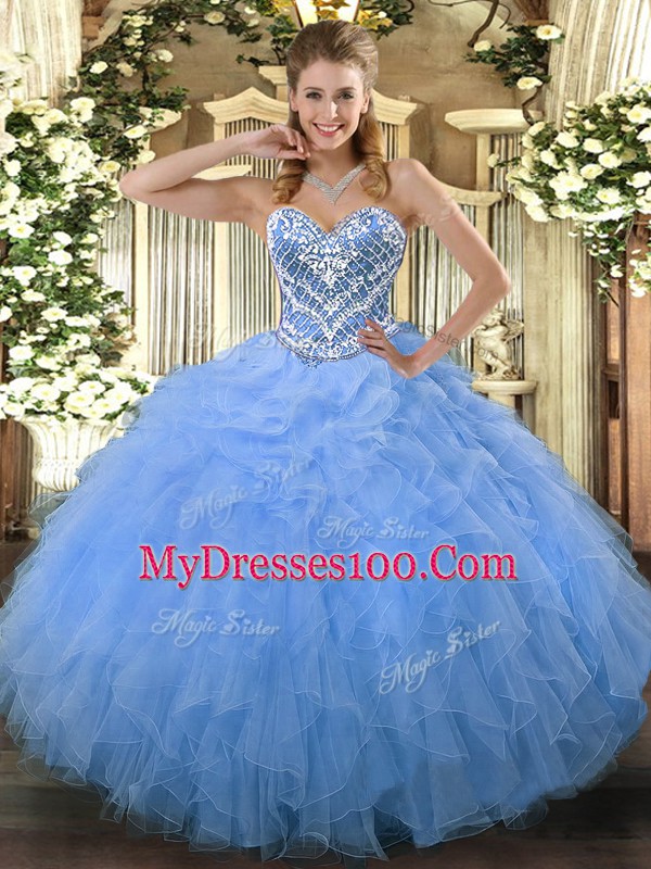Aqua Blue Tulle Side Zipper Quinceanera Dresses Sleeveless Floor Length Beading and Ruffles