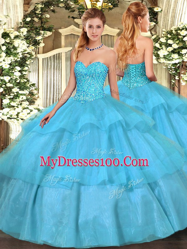 Sweet Sleeveless Lace Up Floor Length Beading and Ruffled Layers Quince Ball Gowns