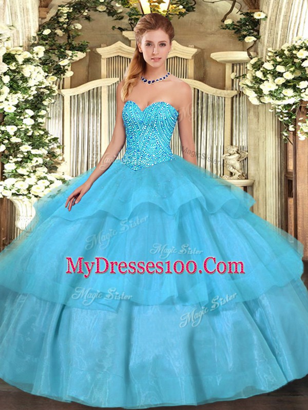 Sweet Sleeveless Lace Up Floor Length Beading and Ruffled Layers Quince Ball Gowns