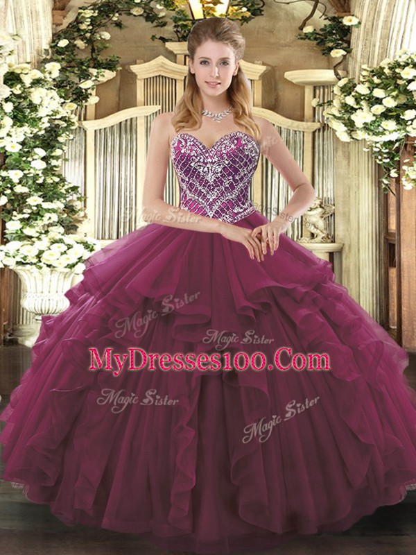 Flirting Ball Gowns Quinceanera Dresses Burgundy Sweetheart Tulle Sleeveless Floor Length Lace Up
