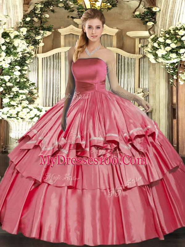 Coral Red Lace Up Strapless Ruffled Layers Quince Ball Gowns Organza Sleeveless