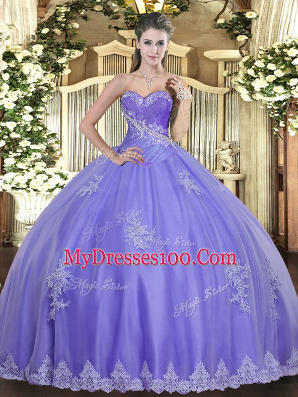 Sophisticated Lavender Lace Up Sweetheart Beading and Appliques Sweet 16 Dress Tulle Sleeveless
