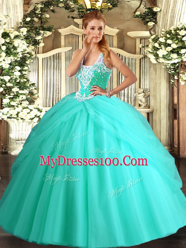 Sleeveless Tulle Floor Length Lace Up 15 Quinceanera Dress in Apple Green with Beading and Pick Ups