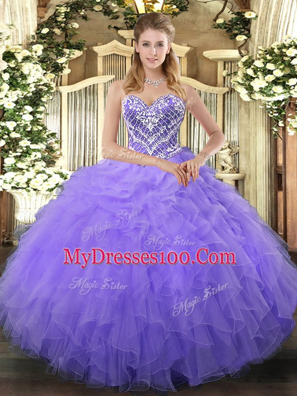 Floor Length Lilac Vestidos de Quinceanera Sweetheart Sleeveless Lace Up