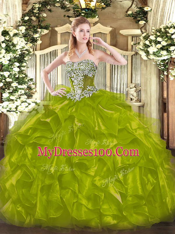 Nice Olive Green Ball Gowns Strapless Sleeveless Organza Floor Length Lace Up Beading and Ruffles Ball Gown Prom Dress