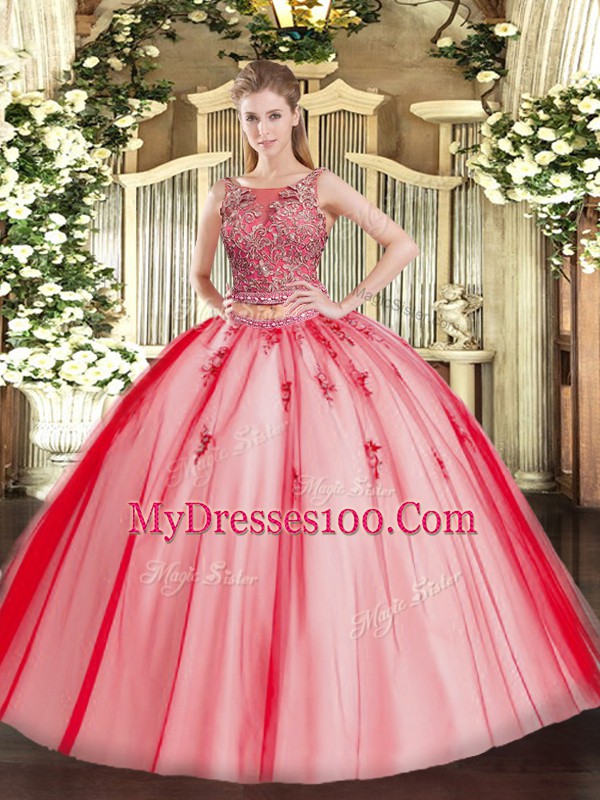 Floor Length Coral Red Quinceanera Gowns Scoop Sleeveless Lace Up