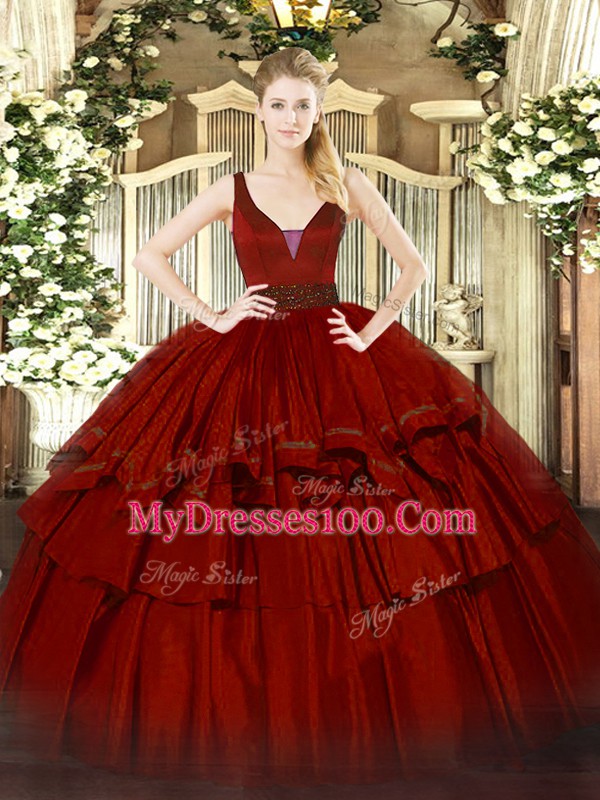 Floor Length Zipper Quince Ball Gowns Wine Red for Military Ball and Sweet 16 and Quinceanera with Beading and Ruffled Layers