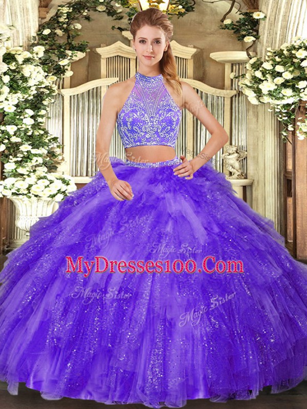 Fashion Floor Length Criss Cross Vestidos de Quinceanera Purple for Military Ball and Sweet 16 and Quinceanera with Beading and Ruffles