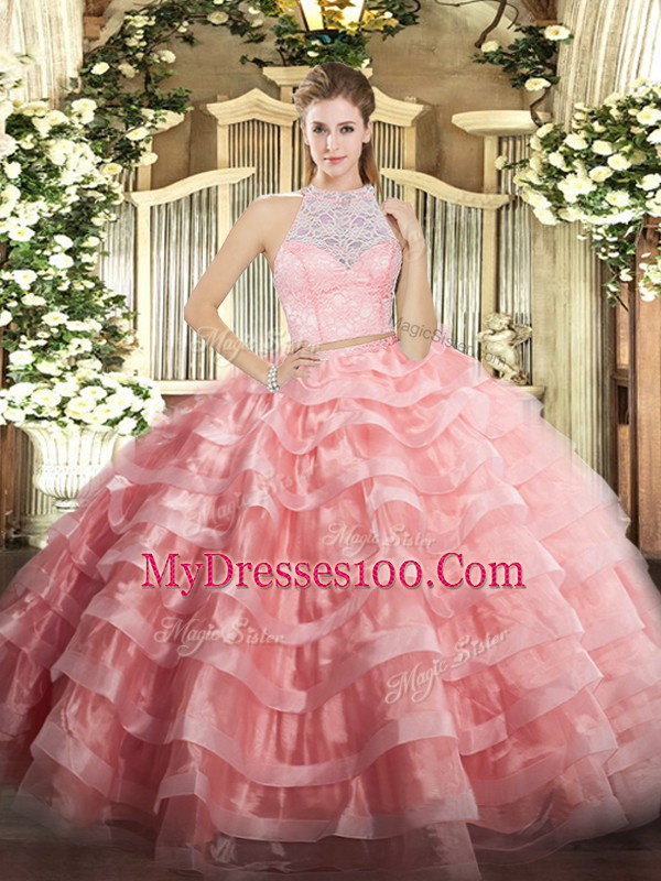 Captivating Watermelon Red 15th Birthday Dress Military Ball and Sweet 16 and Quinceanera with Lace and Ruffled Layers Scoop Sleeveless Zipper