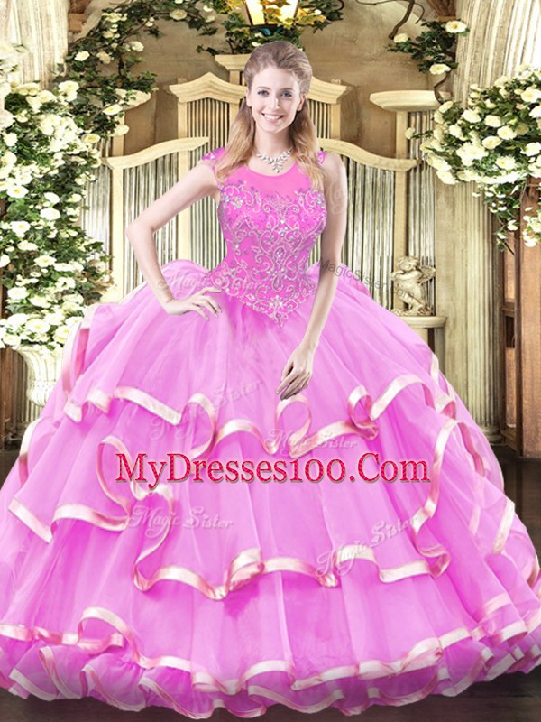 Top Selling Lilac Ball Gowns Scoop Sleeveless Organza Floor Length Zipper Beading and Ruffled Layers 15 Quinceanera Dress