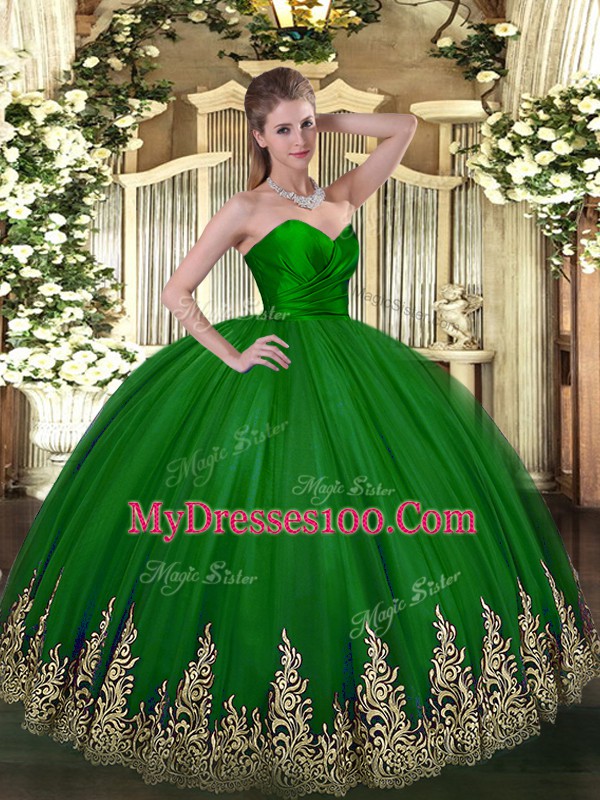 Adorable Green Tulle Zipper Sweetheart Sleeveless Floor Length Quince Ball Gowns Appliques
