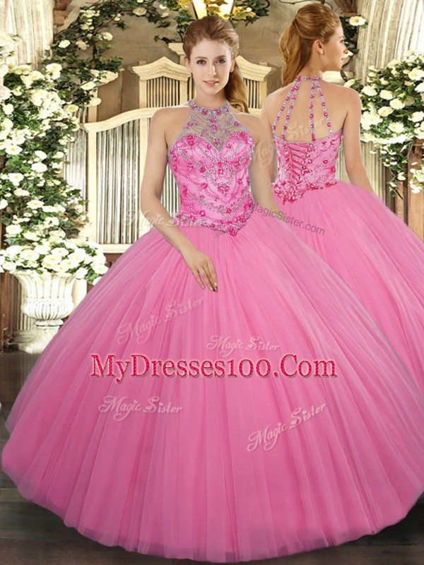 Latest Rose Pink Halter Top Neckline Beading Vestidos de Quinceanera Sleeveless Lace Up