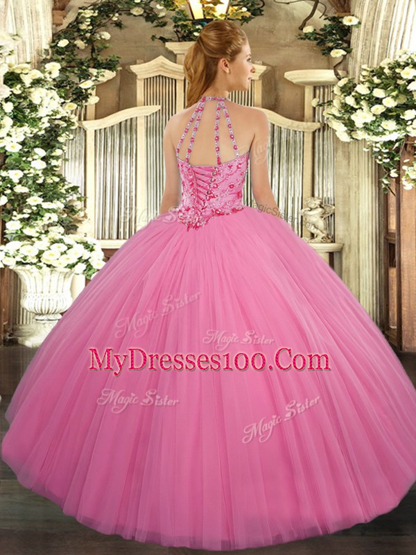 Latest Rose Pink Halter Top Neckline Beading Vestidos de Quinceanera Sleeveless Lace Up