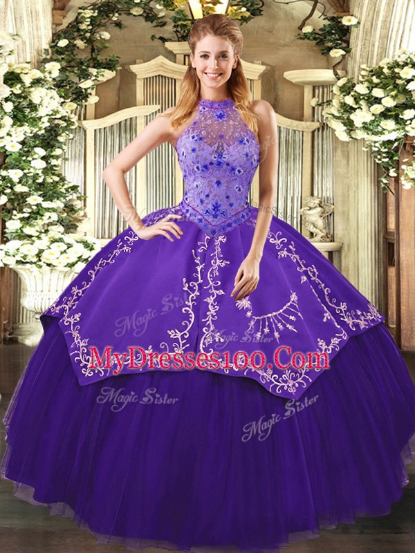 Tulle Halter Top Sleeveless Lace Up Beading and Embroidery 15th Birthday Dress in Purple