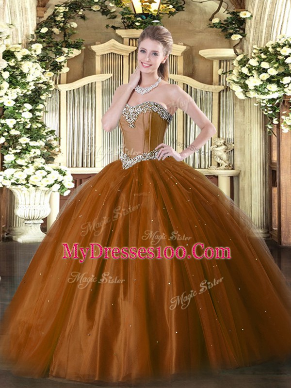 Rust Red Ball Gowns Beading Quinceanera Dresses Lace Up Tulle Sleeveless Floor Length